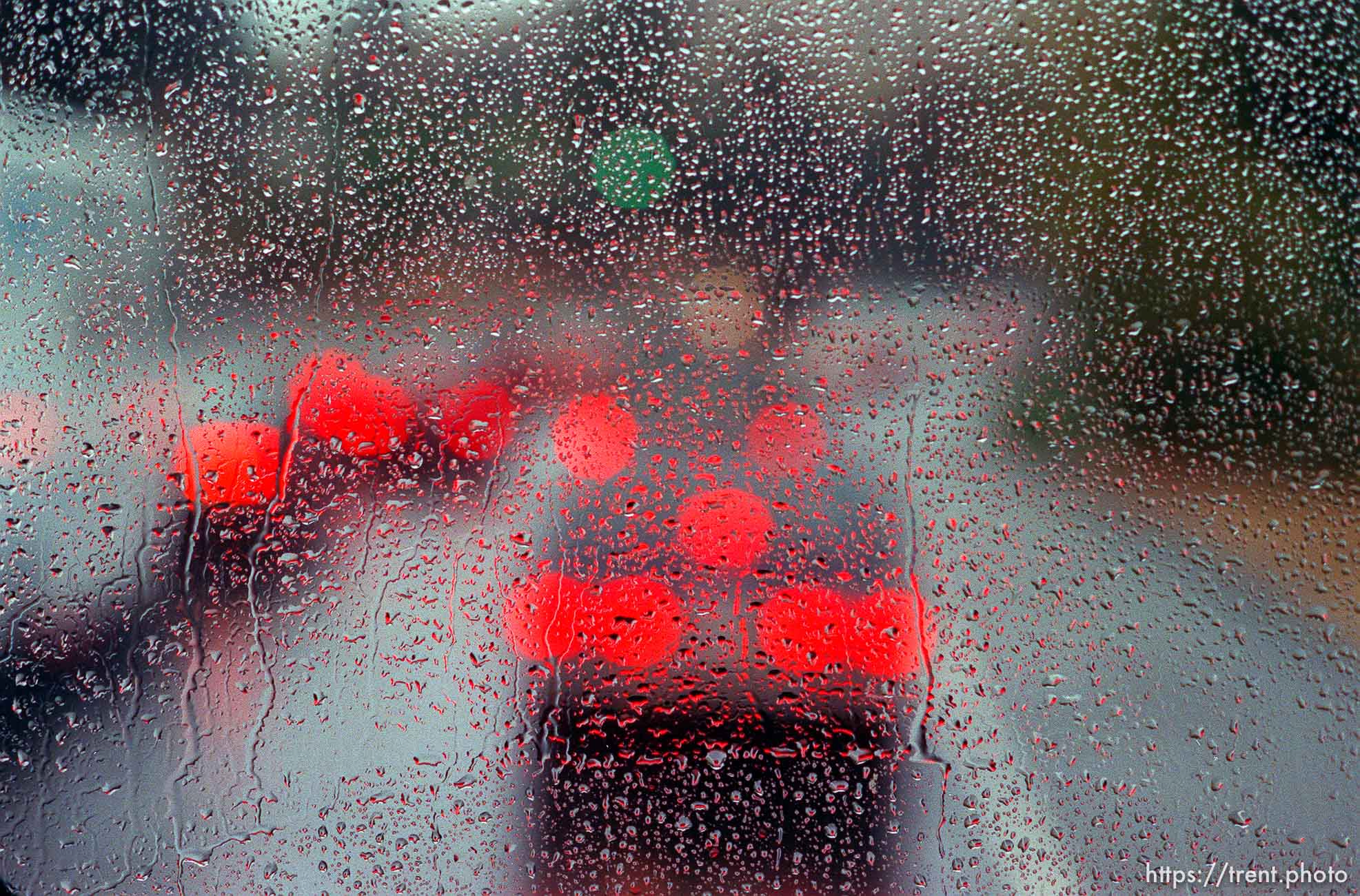 Rainy window on school bus.