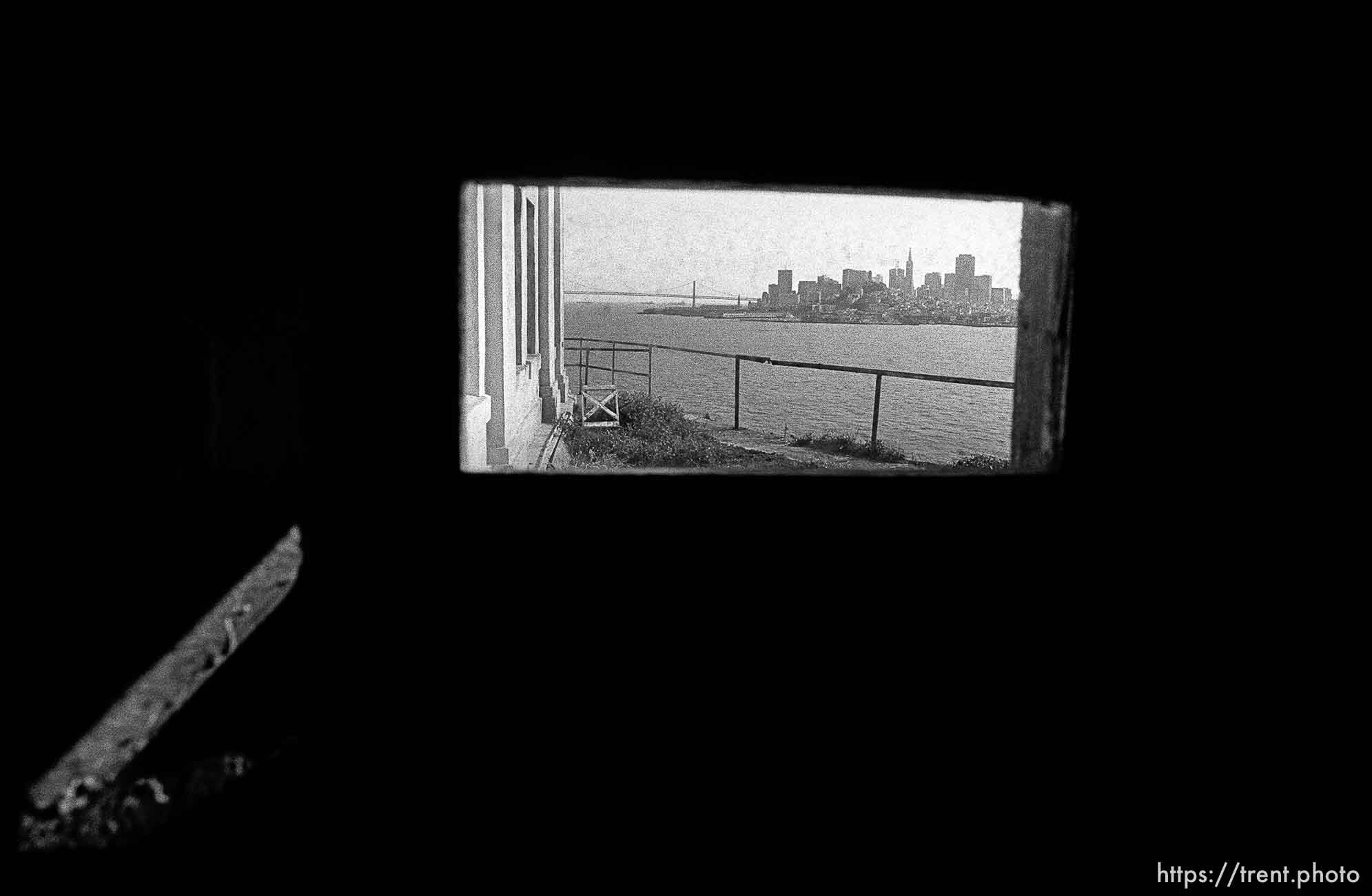 View of San Francisco through tiny window at Alcatraz