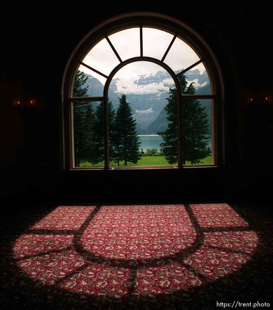 Glacier through hotel window at Lake Louise