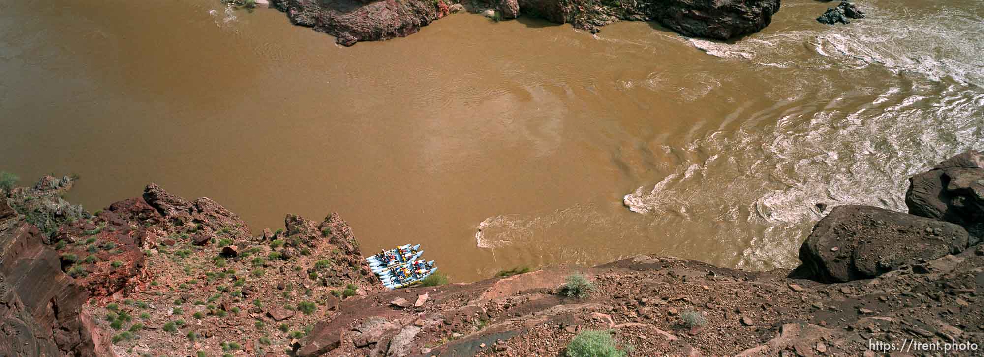 J-rig rafts on the river from above. Grand Canyon Flood project