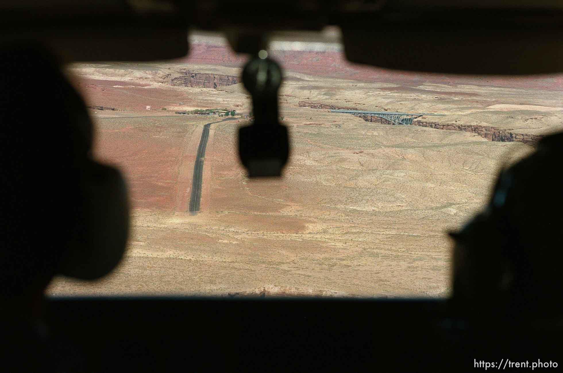 Looking out of the plane's cockpit at the Marble Canyon lodge airstrip