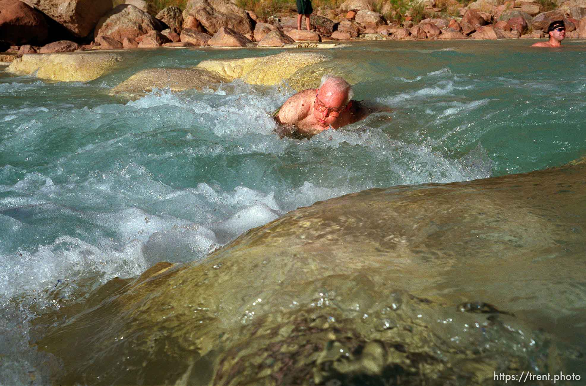 Dick in the blue water of the Little Colorado. Grand Canyon flood trip.