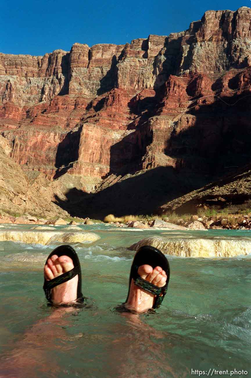 Trent feet in the Little Colorado's blue water. Grand Canyon flood trip.