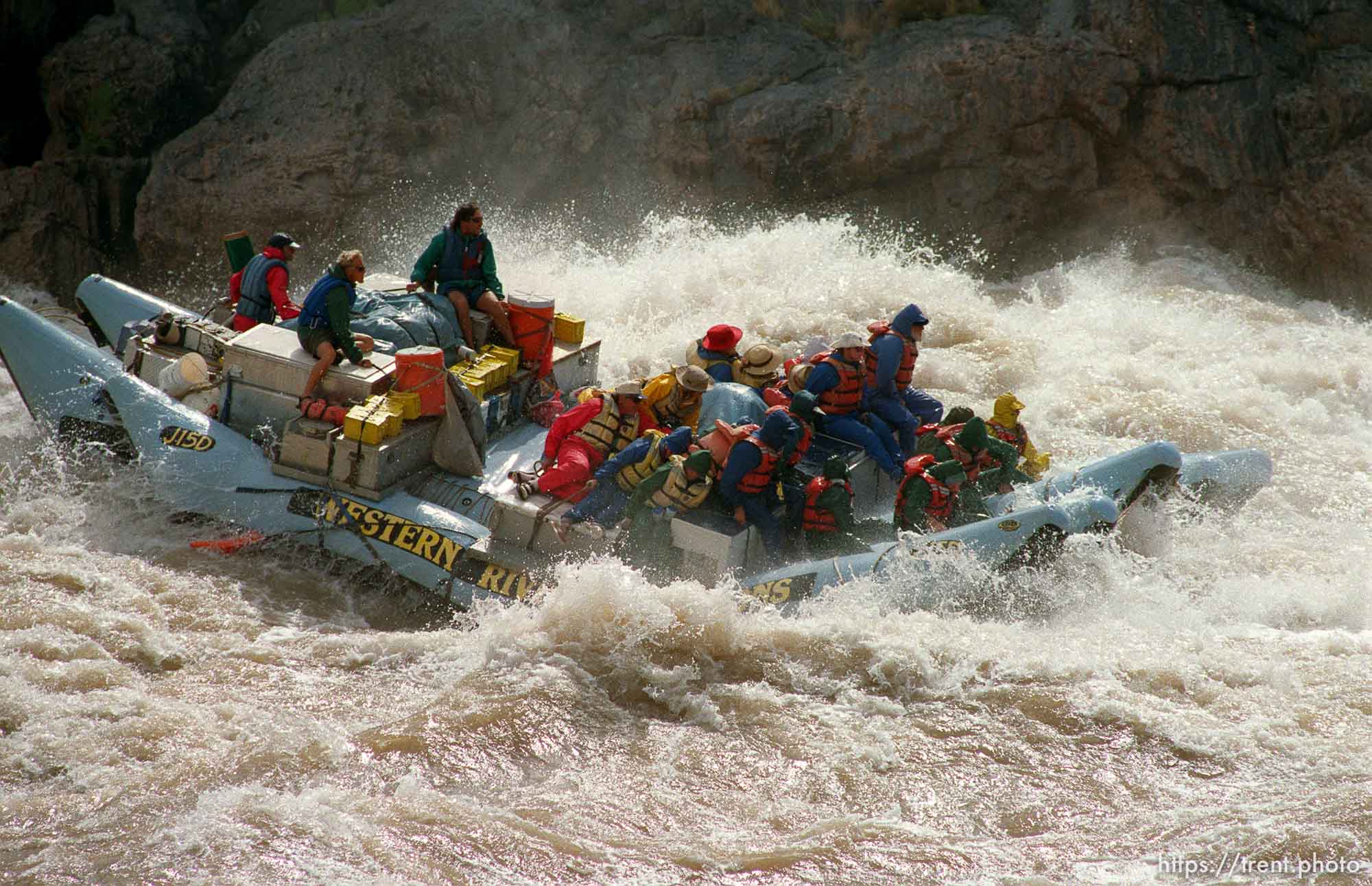 J-rig raft in Crystal Rapid. Grand Canyon flood trip.