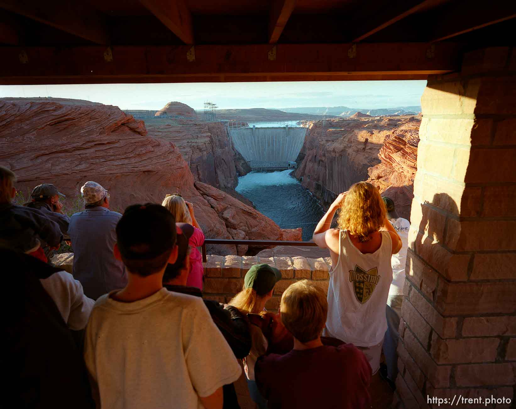 People looking at Glen Canyon Dam. Grand Canyon flood trip.