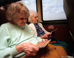 Old ladies playing BINGO on fun bus to Wendover.