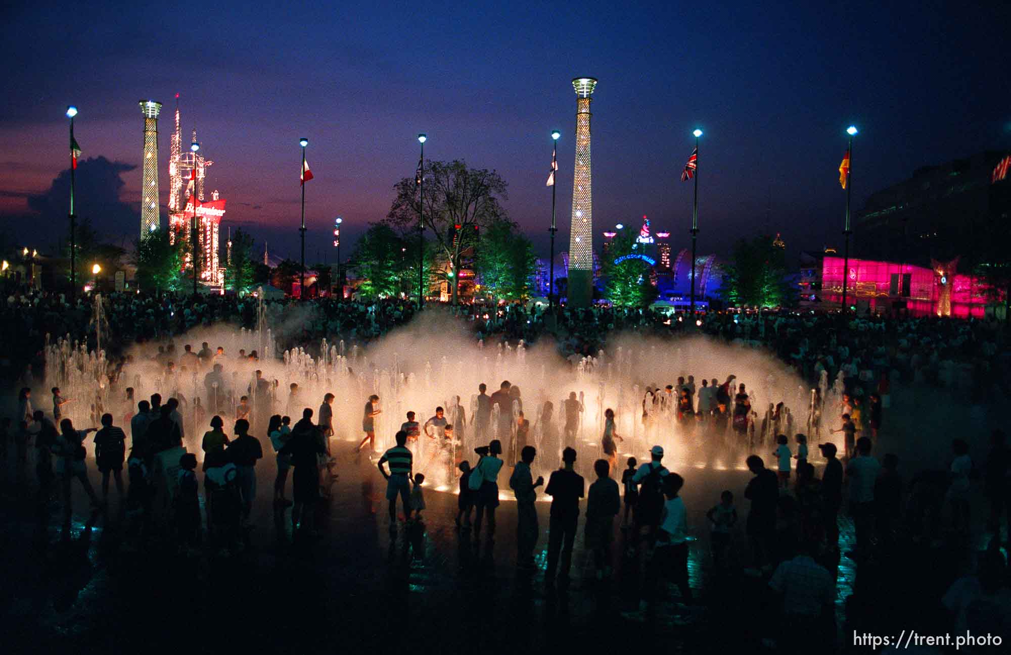 People in fountain at night at the Centennial Olympic Park at the 1996 Summer Olympic Games