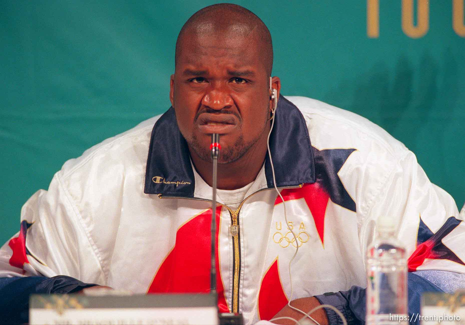 Shaquille O'Neal imitates Gary Payton's mean look at the Dream Team press conference at the 1996 Summer Olympic Games