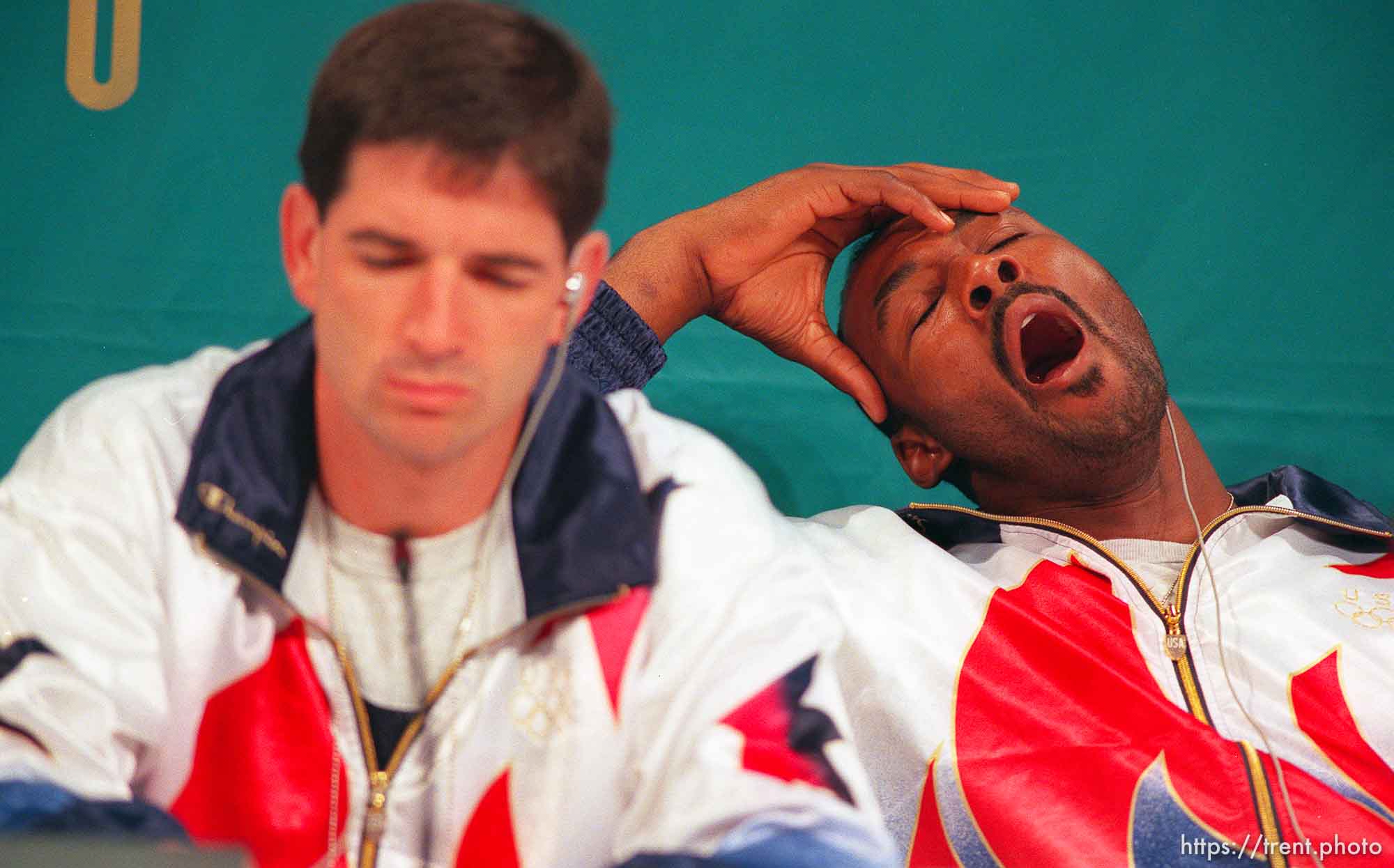 John Stockton and Karl Malone bored at the Dream Team press conference at the 1996 Summer Olympic Games