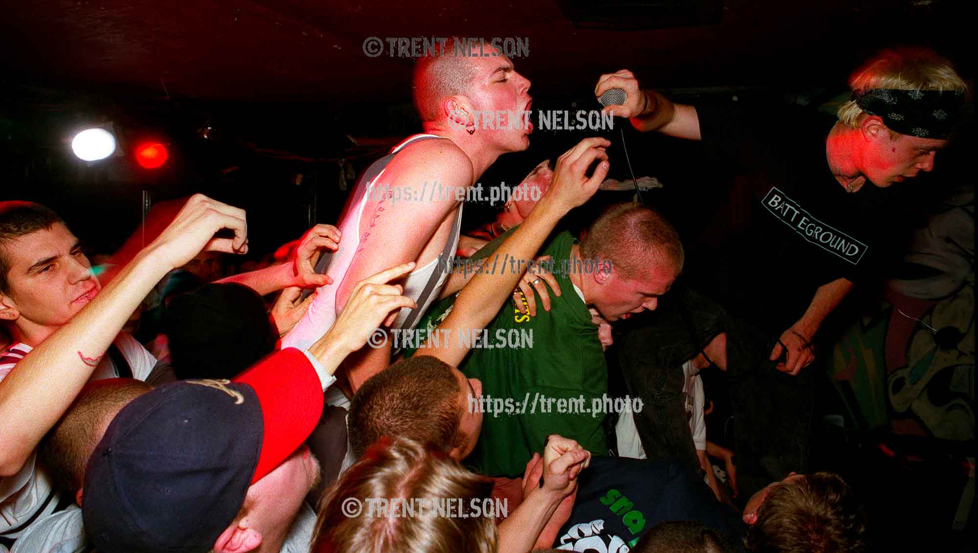 Legendary straightedge band Earth Crisis, with singer Karl Buechner, performing at the Bar & Grill in Salt Lake City, Utah, November 27, 1996.