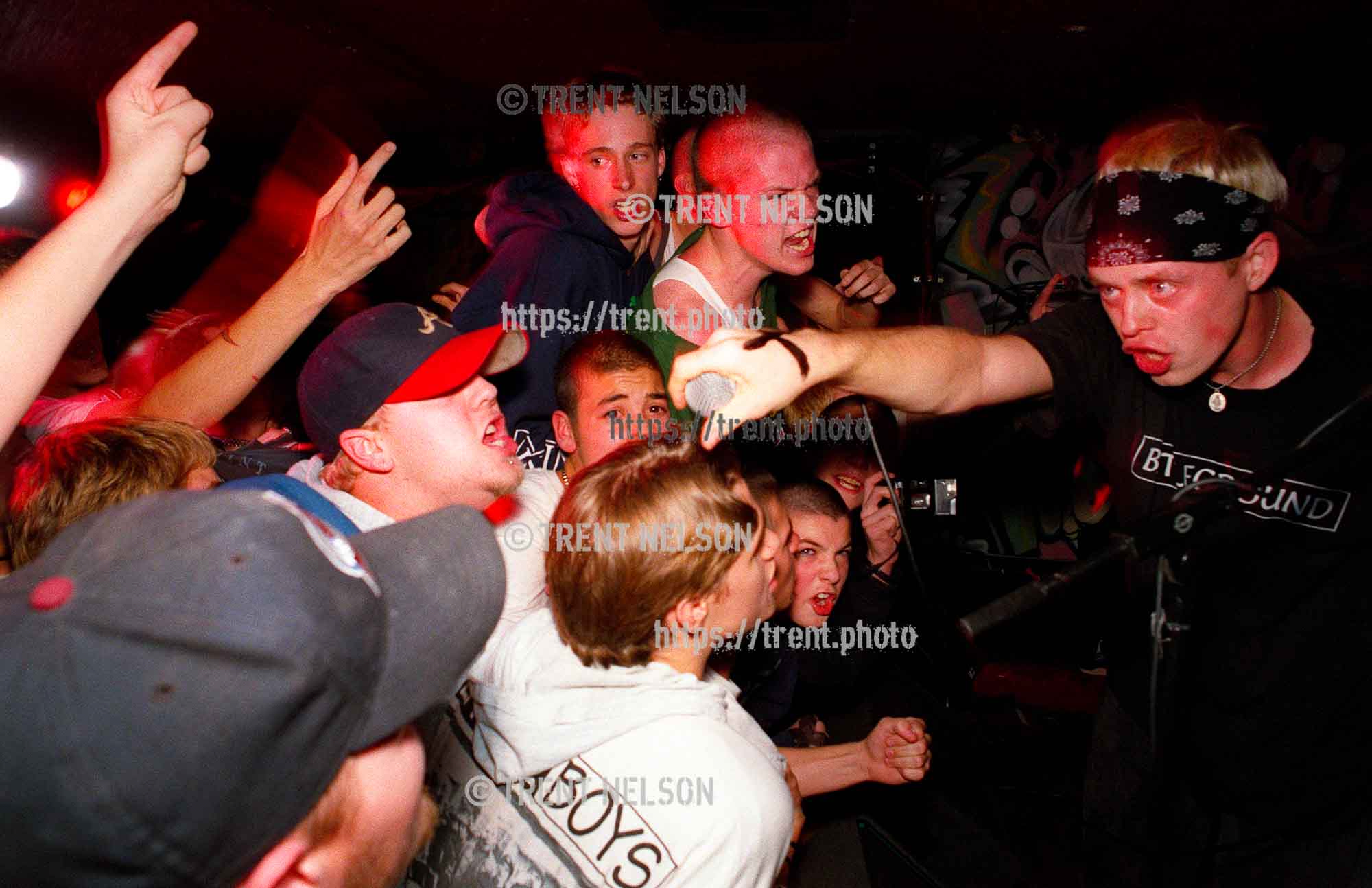 Legendary straightedge band Earth Crisis, with singer Karl Buechner, performing at the Bar & Grill in Salt Lake City, Utah, November 27, 1996.