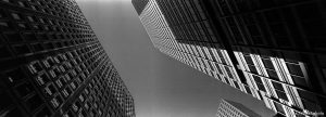 Looking up at high-rise buildings.