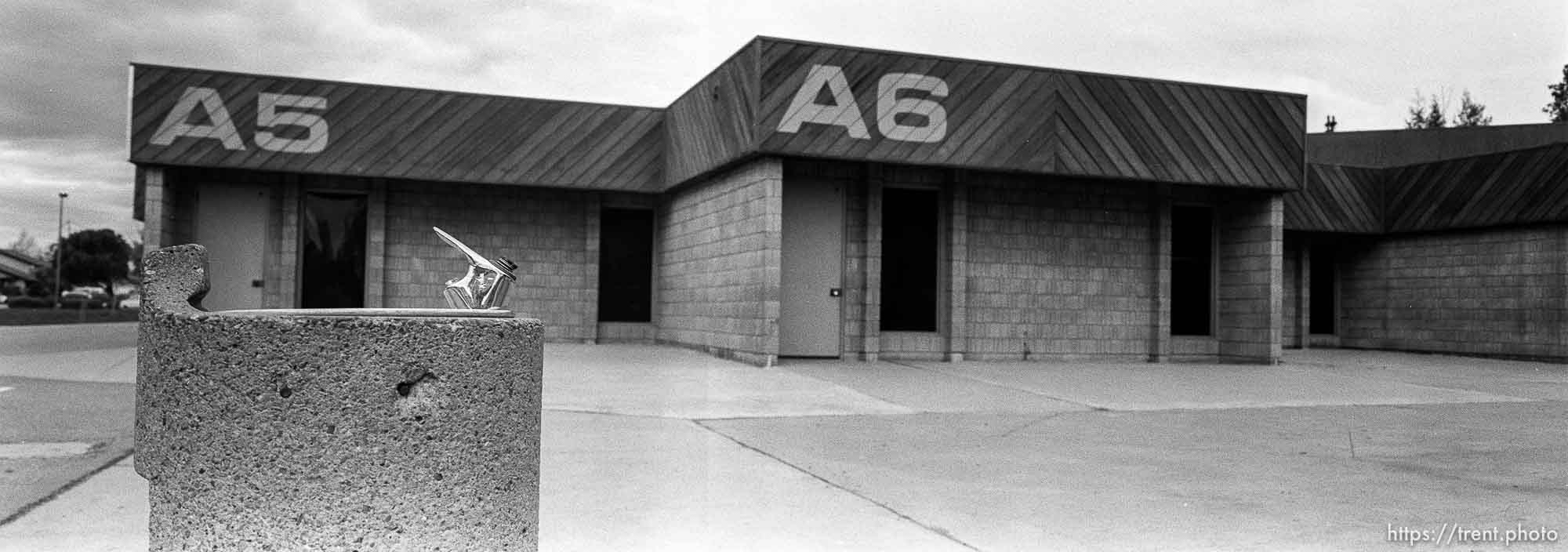 Water fountain and classrooms at Walt Disney Elementary School.