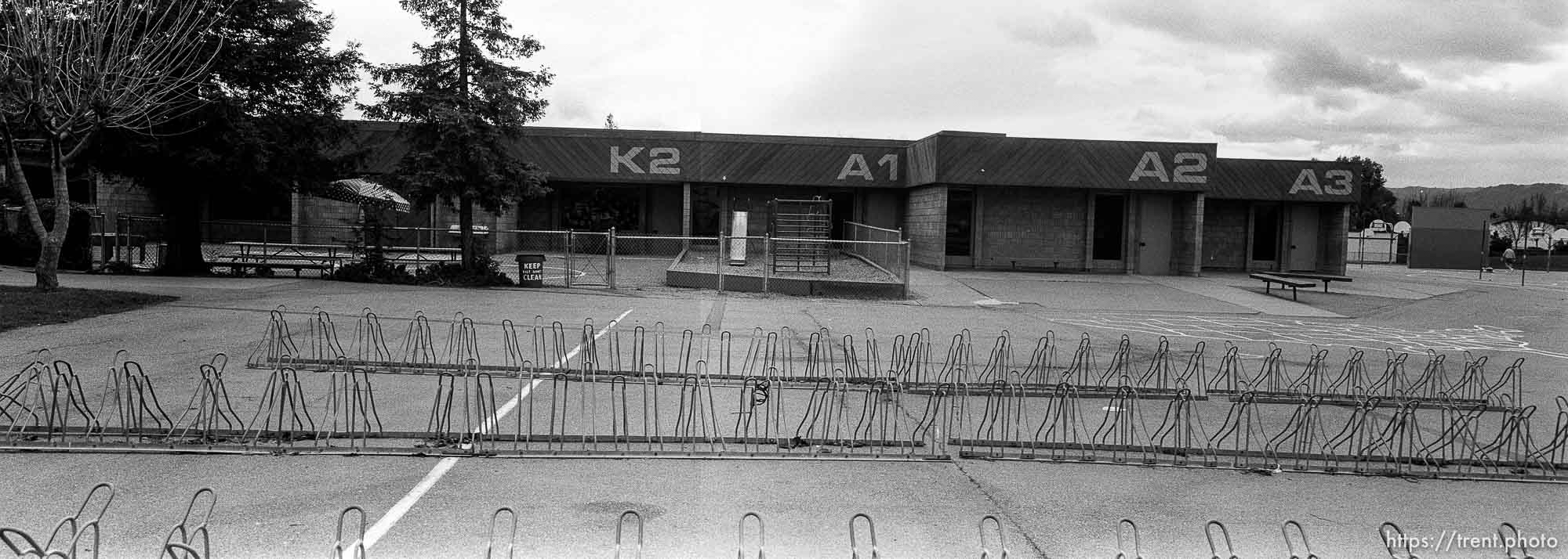 Bike rack, classrooms at Walt Disney Elementary School.