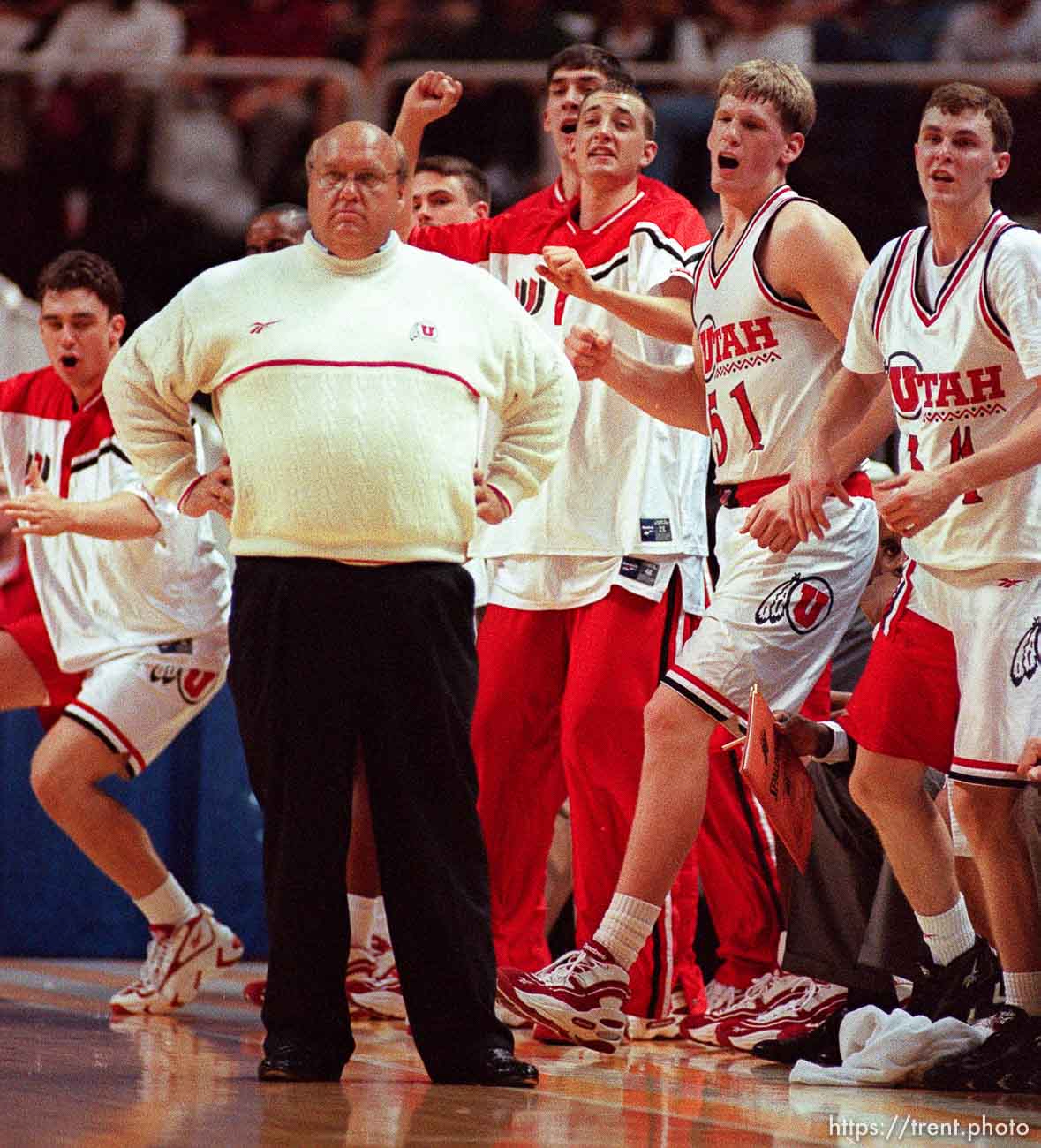 Coach Rick Majerus and excited team at Utah vs Stanford, NCAA Tournament.