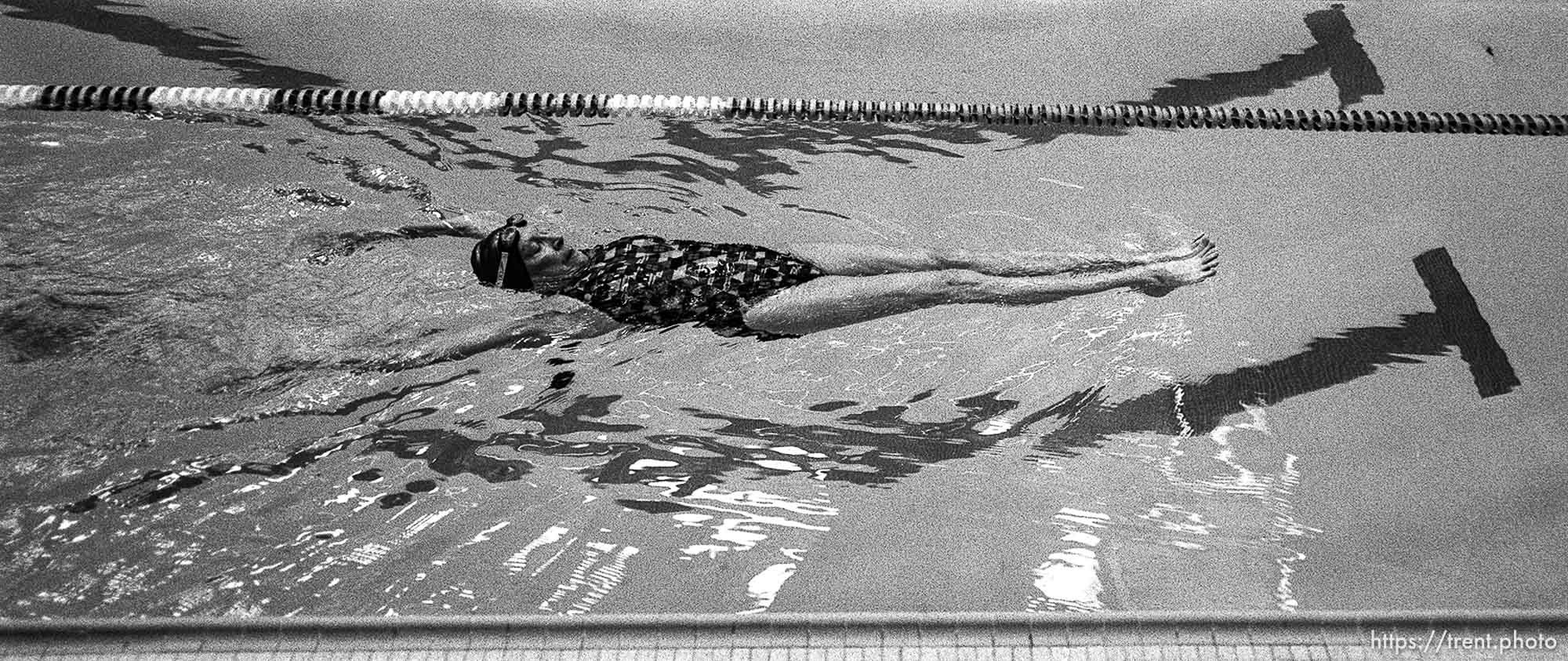 Helen Varley, who has been swimming at the Deseret Gym and its former incarnation since 1938, floats at the Deseret Gym.