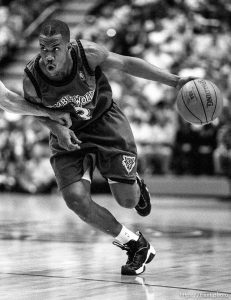 Stephon Marbury drives on John Stockton at Jazz vs. Minnesota Timberwolves.