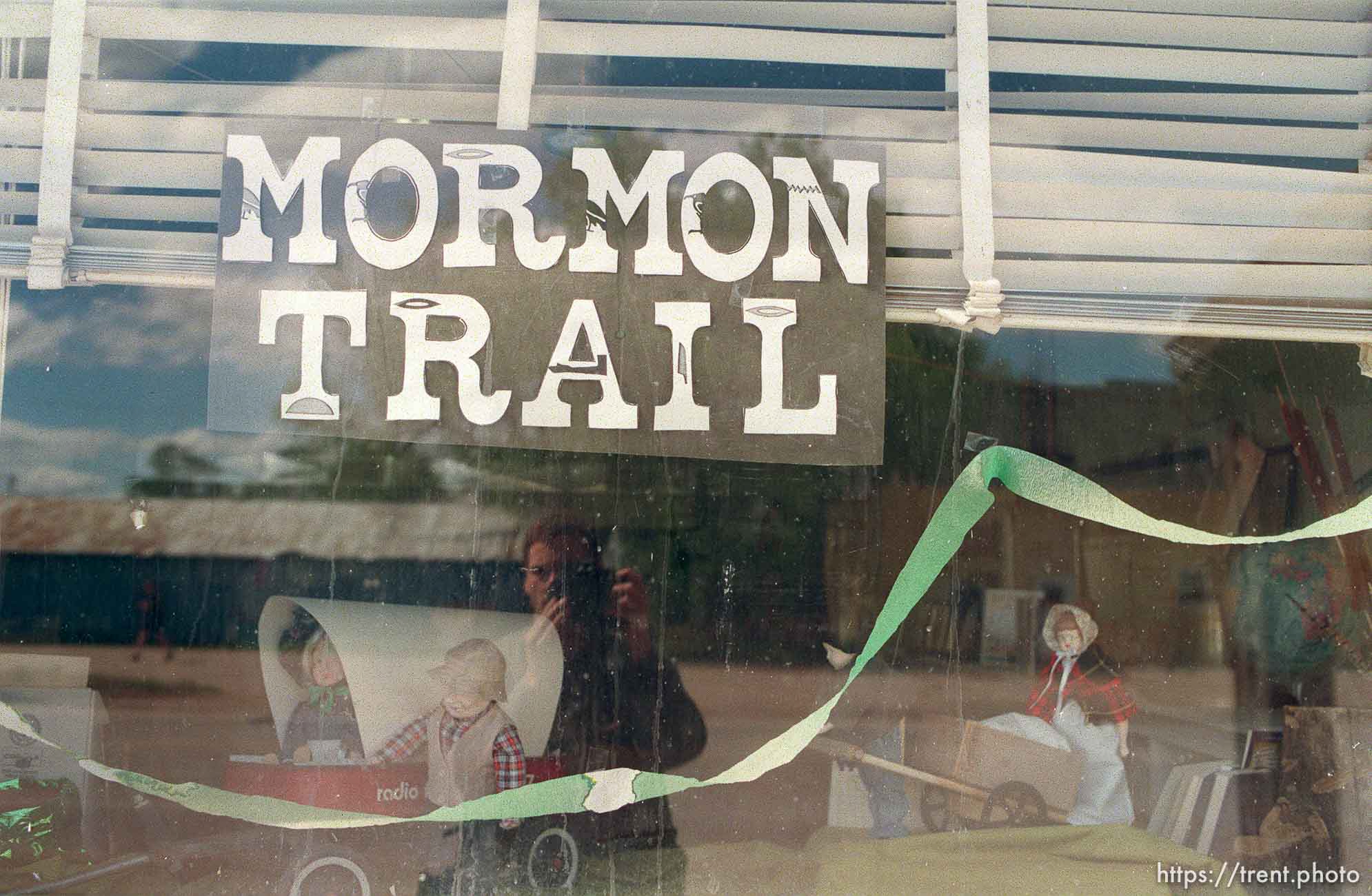 Mormon Trail display in Broadwater Library window.