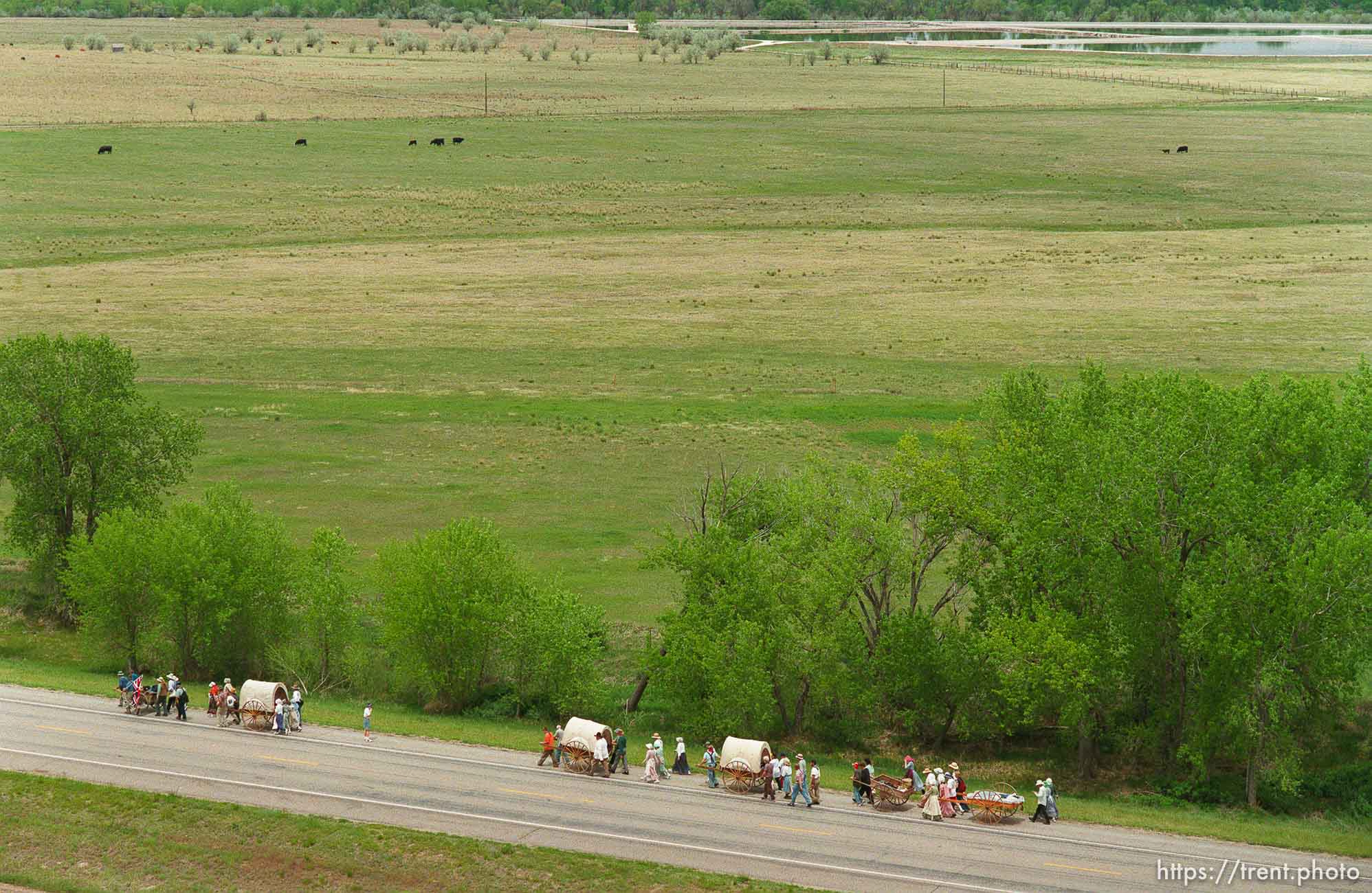 Handcart division of the Mormon Trail Wagon Train seen from a grain elevator at Jack's Bean Company.