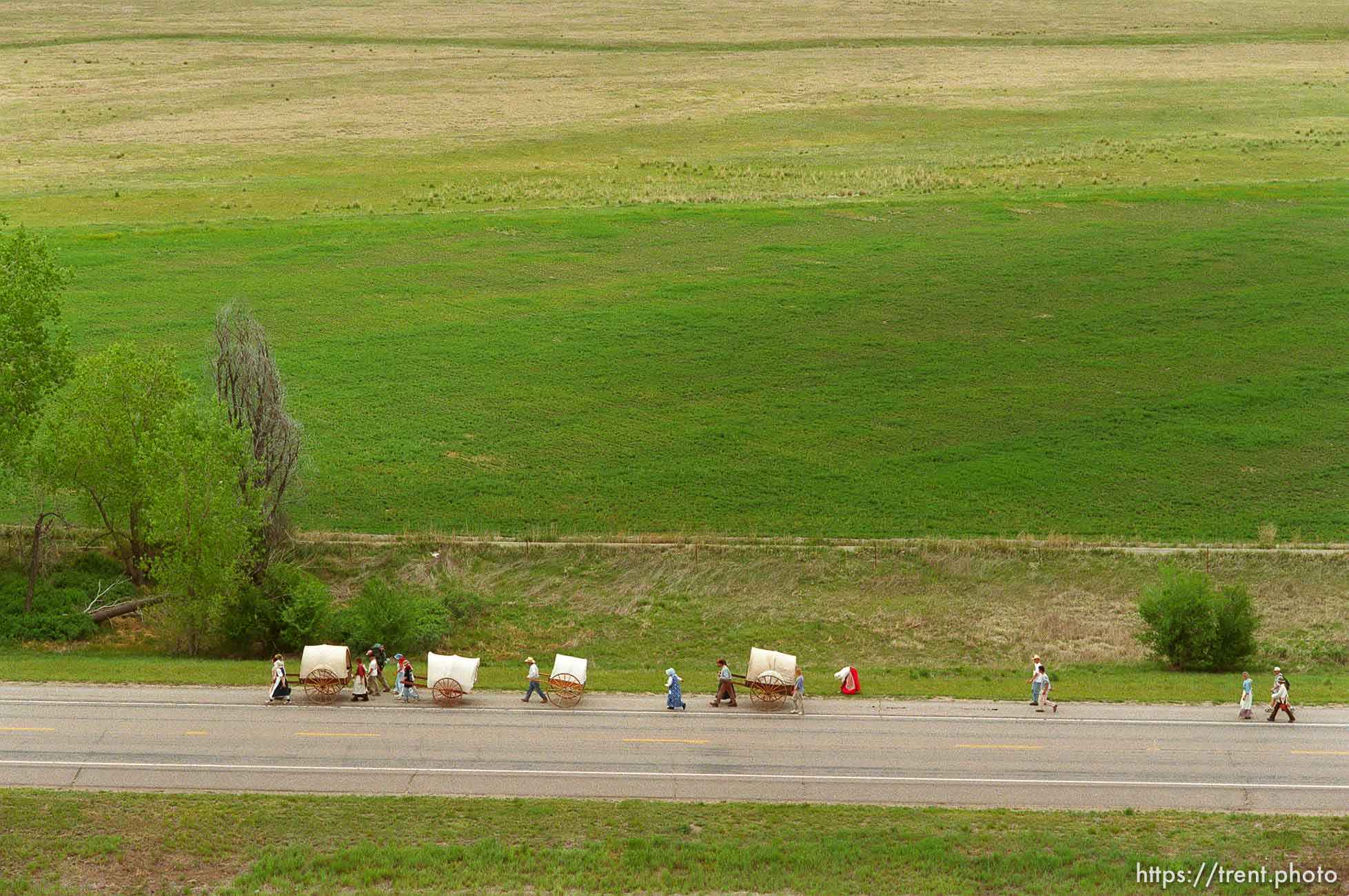 Mormon Trail Wagon Train seen from a grain elevator at Jack's Bean Company.