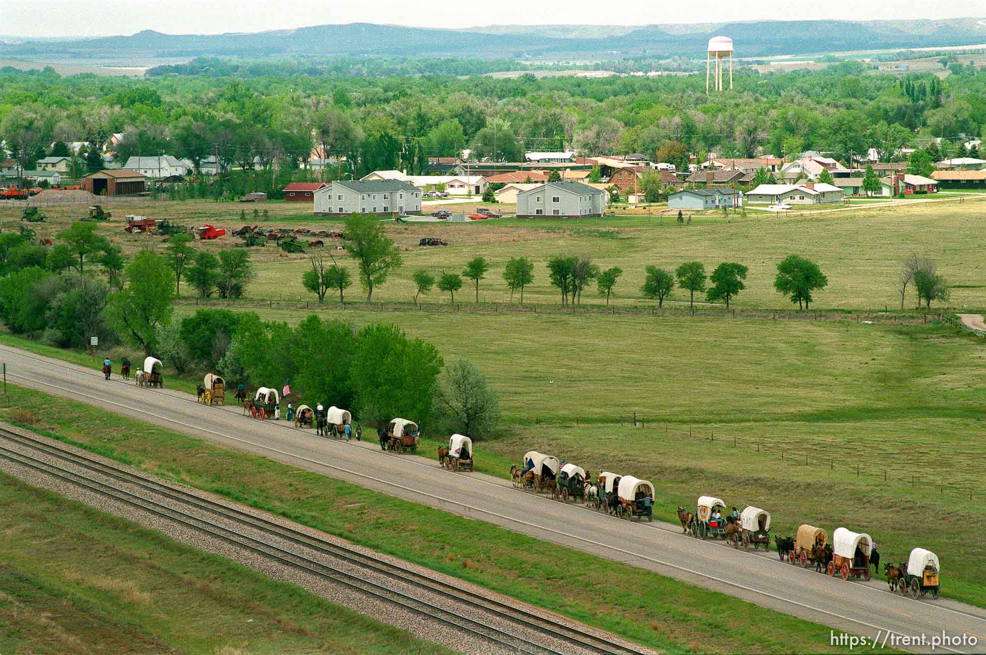 Mormon Trail Wagon Train seen from the top of a grain elevator at Jack's Bean Company.