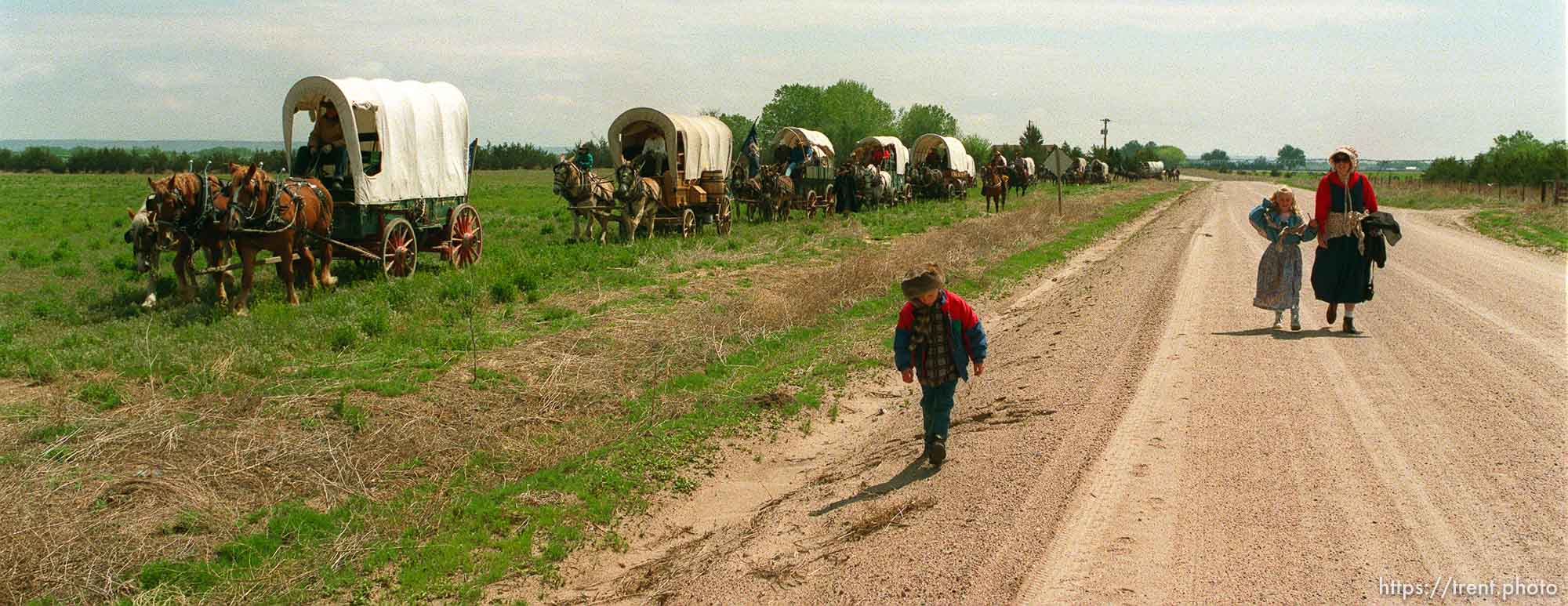 Walkers and wagons as the Mormon Trail Wagon Train stops for lunch.