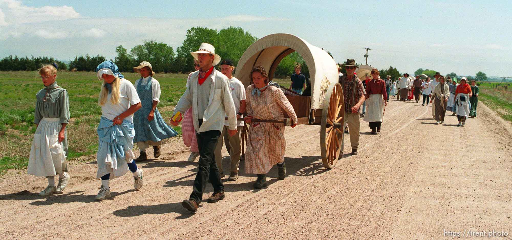 Handcart pullers and walkers as the Mormon Trail Wagon Train stops for lunch.