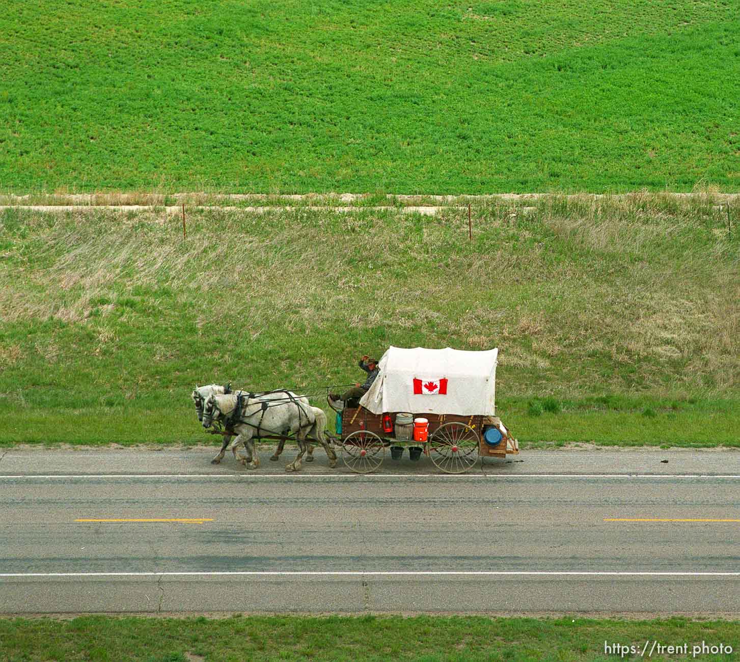 Canadian wagon. Mormon Trail Wagon Train from the top of a grain elevator at Jack's Bean Company.