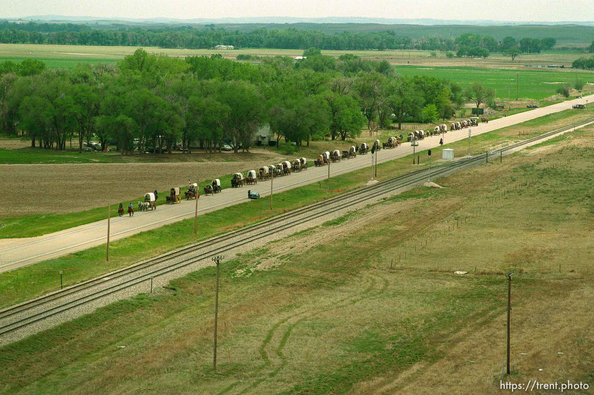 Mormon Trail Wagon Train from the top of a grain elevator at Jack's Bean Company.