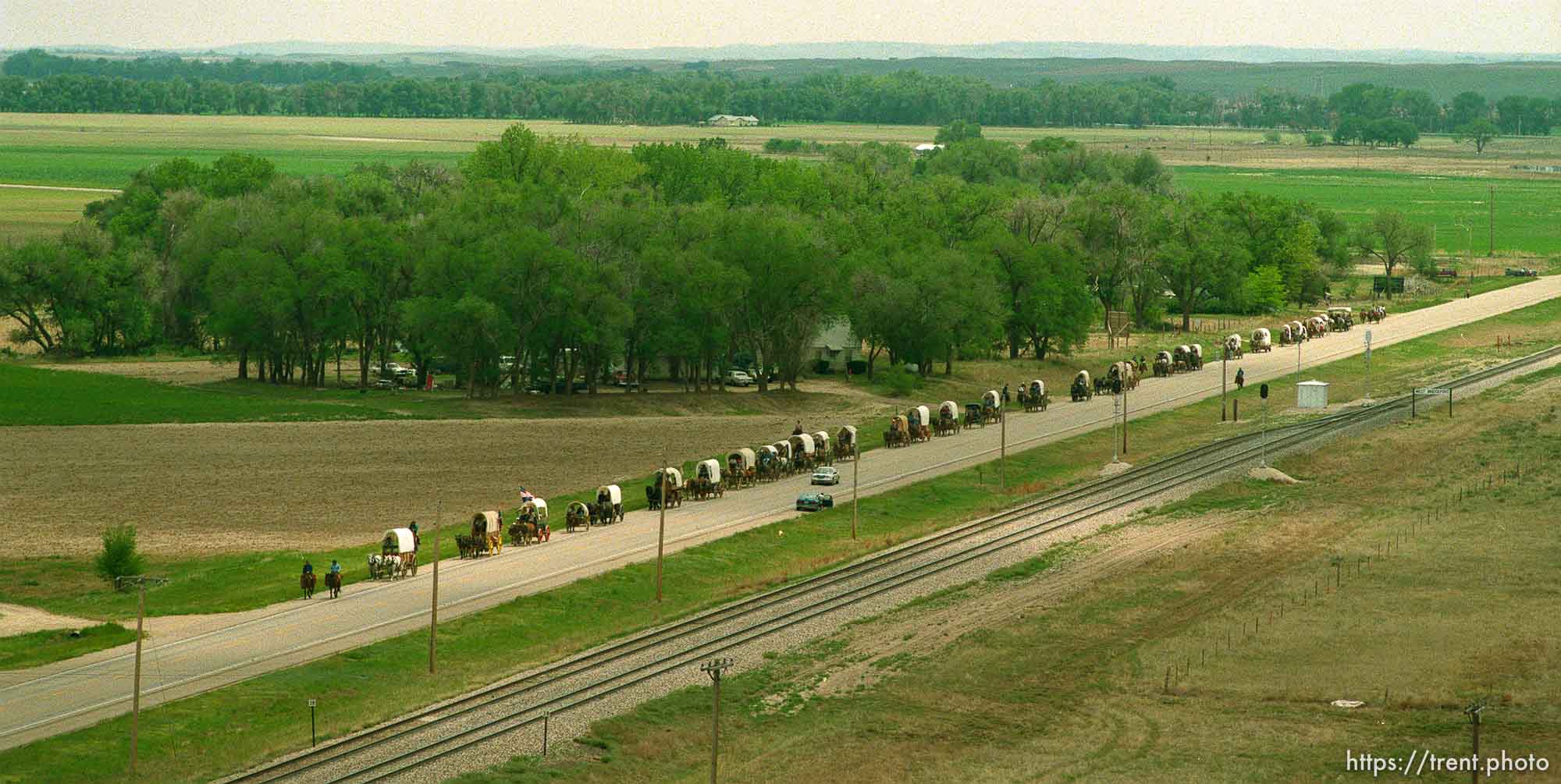 Mormon Trail Wagon Train from the top of a grain elevator at Jack's Bean Company.