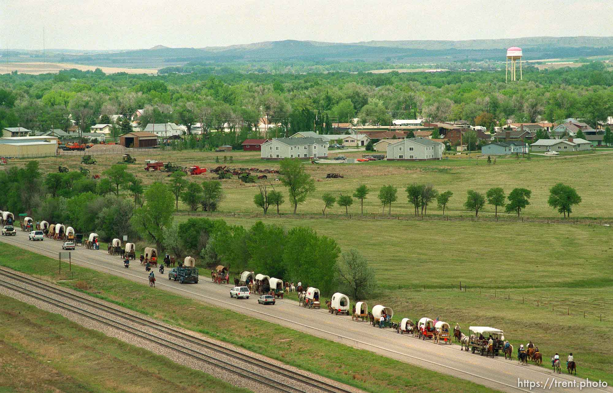 Mormon Trail Wagon Train seen from the top of a grain elevator at Jack's Bean Company.