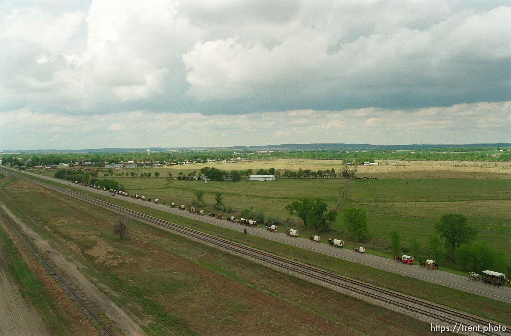 Mormon Trail Wagon Train seen from the top of a grain elevator at Jack's Bean Company.