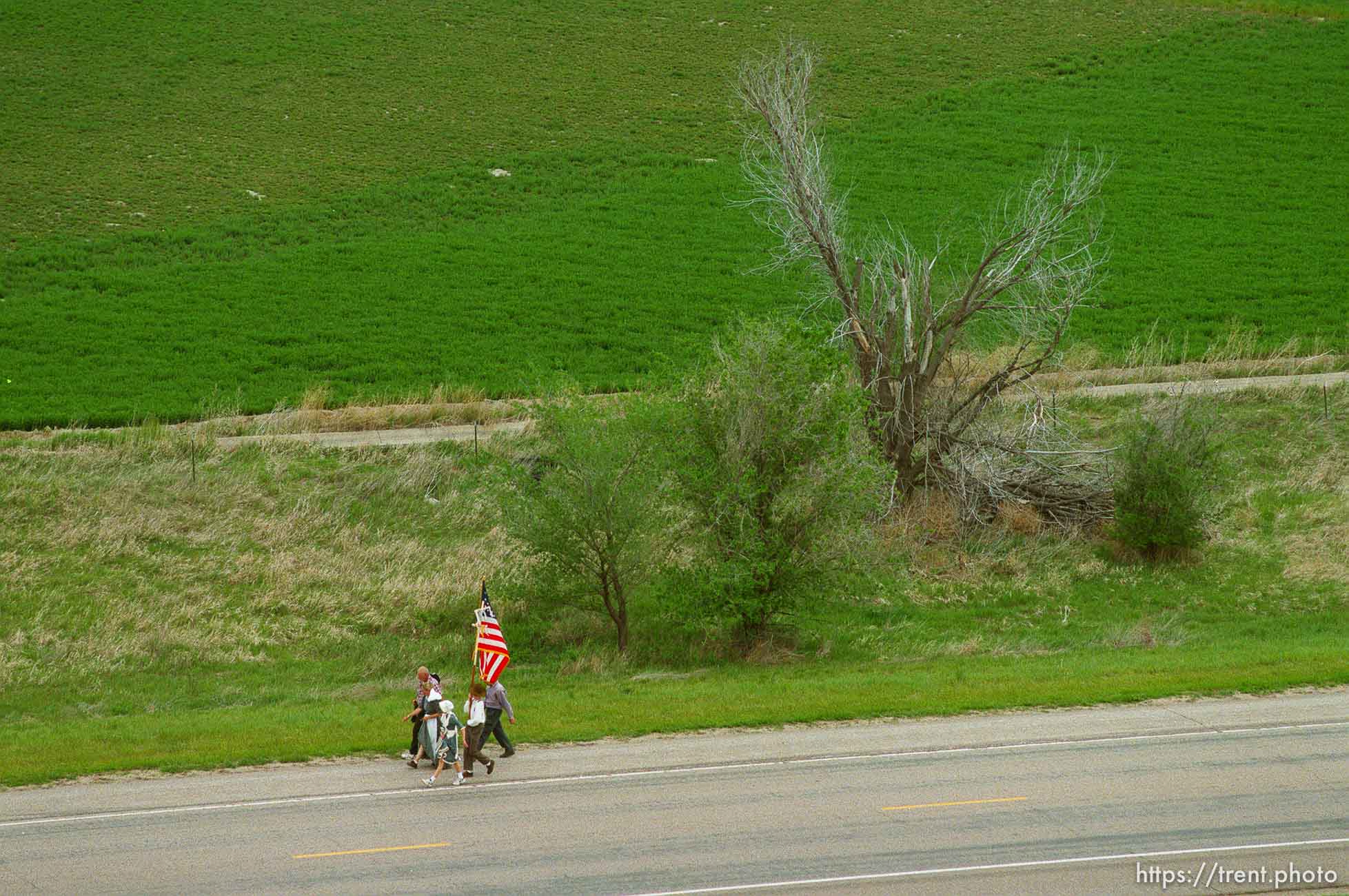 Mormon Trail Wagon Train seen from the top of a grain elevator at Jack's Bean Company.