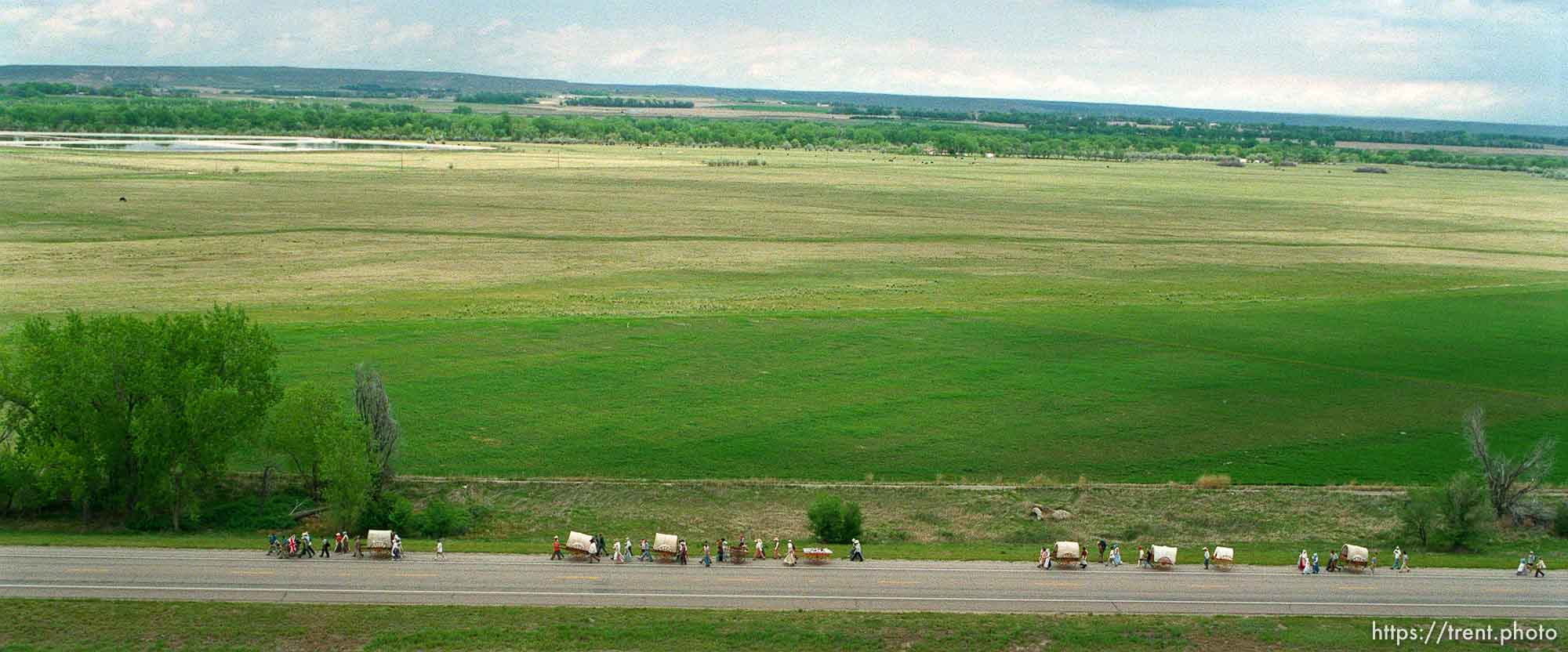 Mormon Trail Wagon Train seen from the top of a grain elevator at Jack's Bean Company.