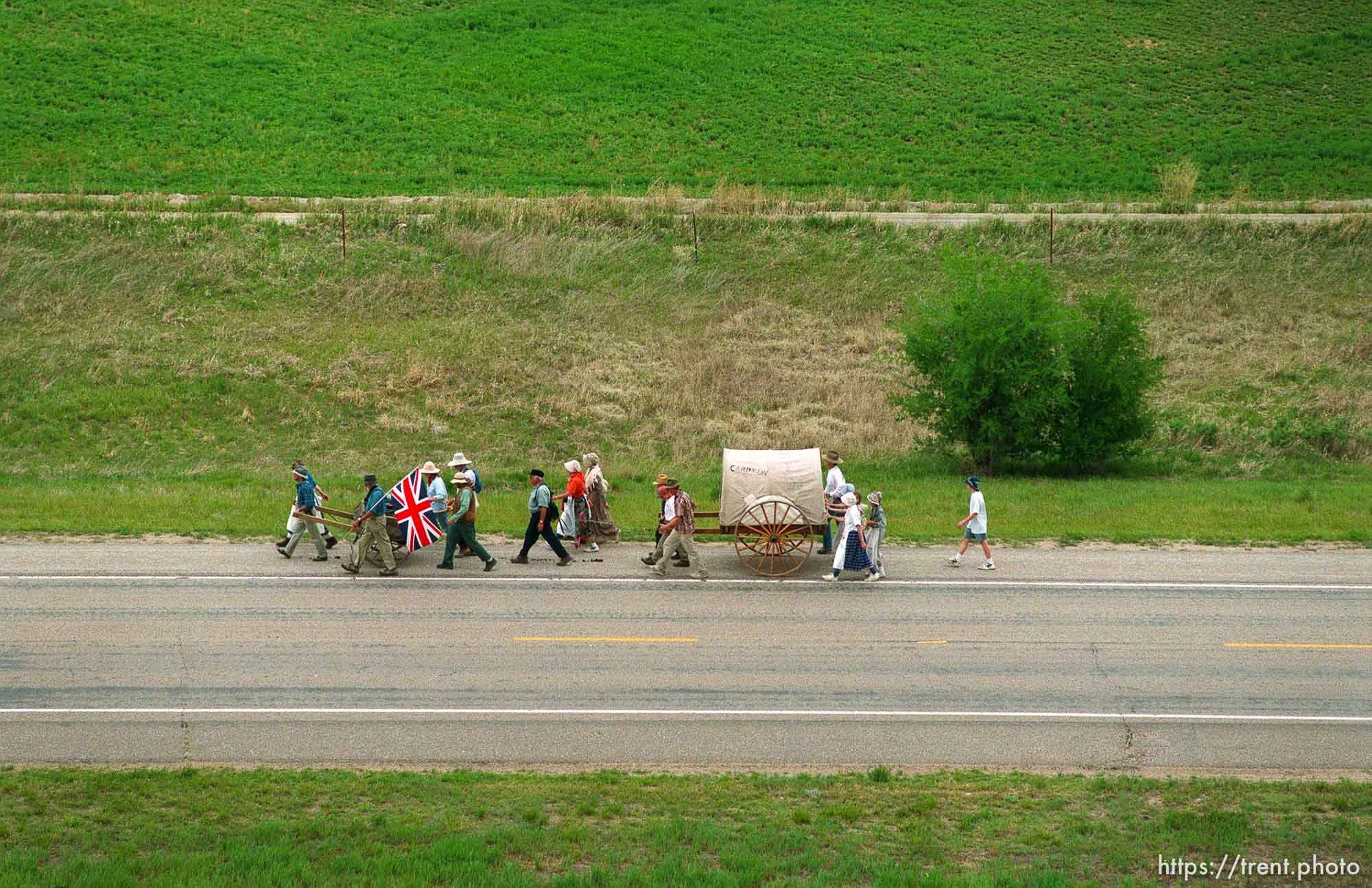 Mormon Trail Wagon Train seen from the top of a grain elevator at Jack's Bean Company.