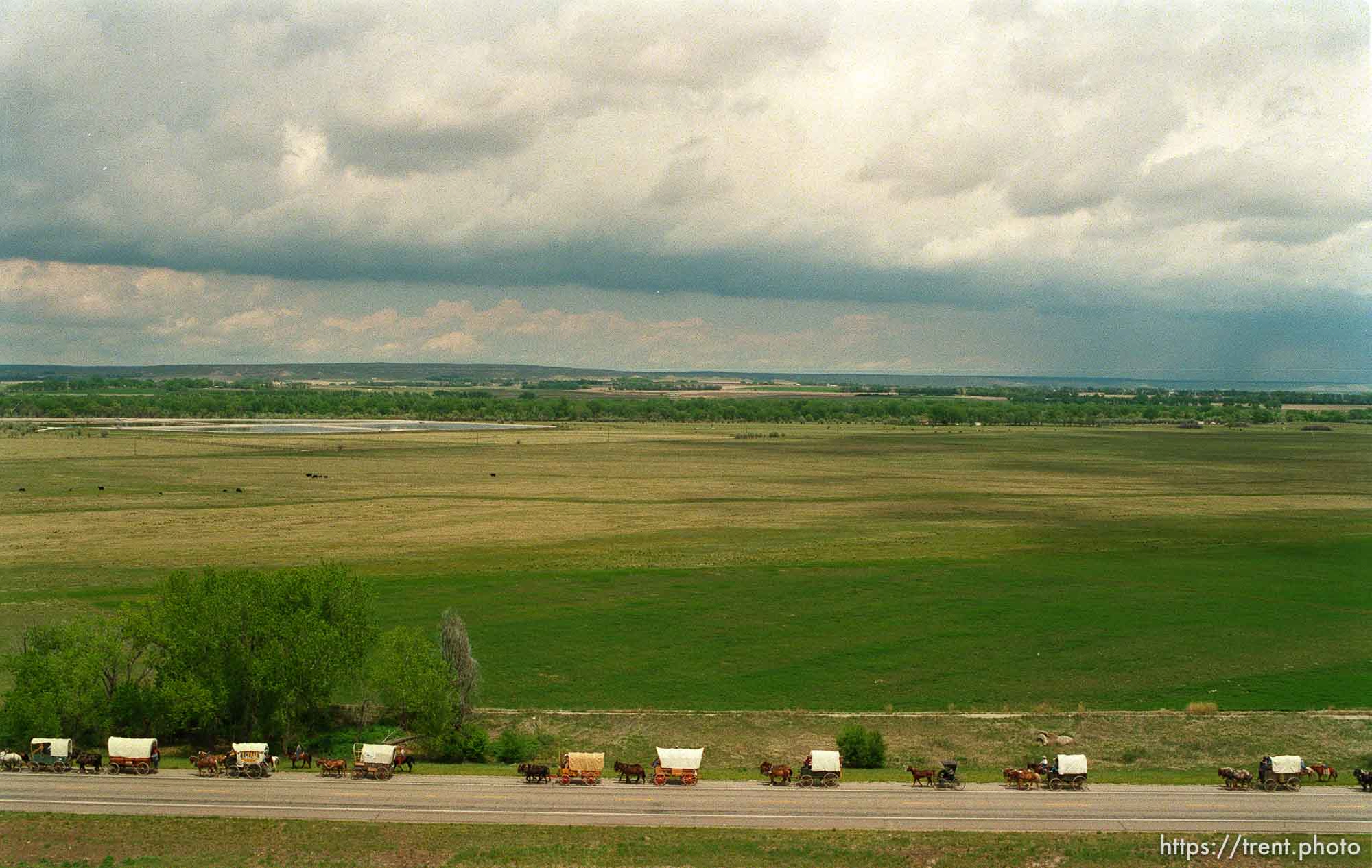 Mormon Trail Wagon Train from the top of a grain elevator at Jack's Bean Company.