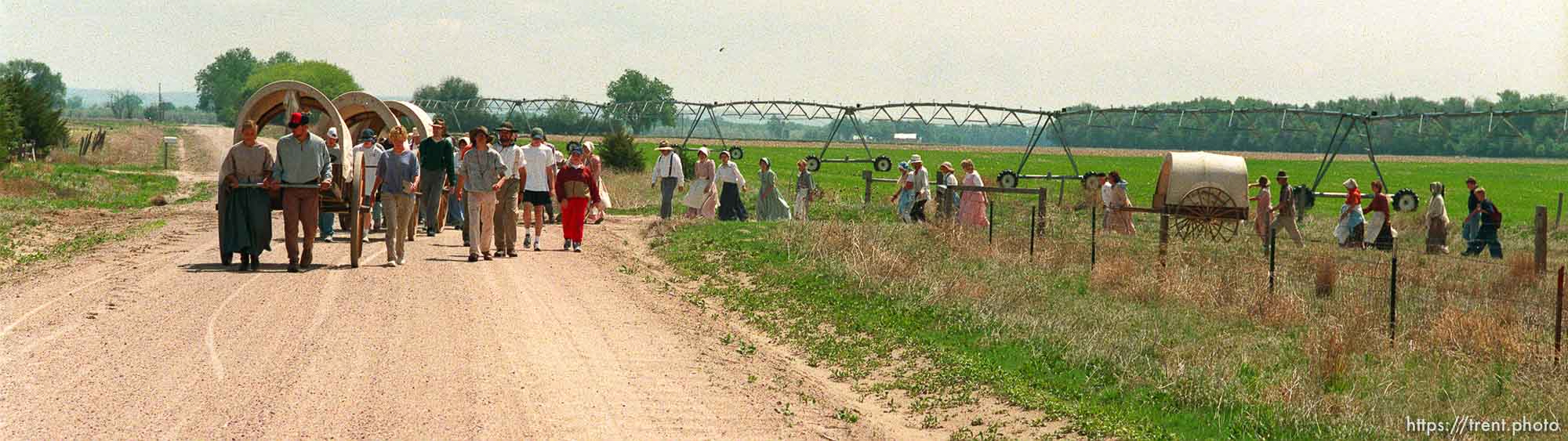 Handcarts and walkers on the Mormon Trail Wagon Train.