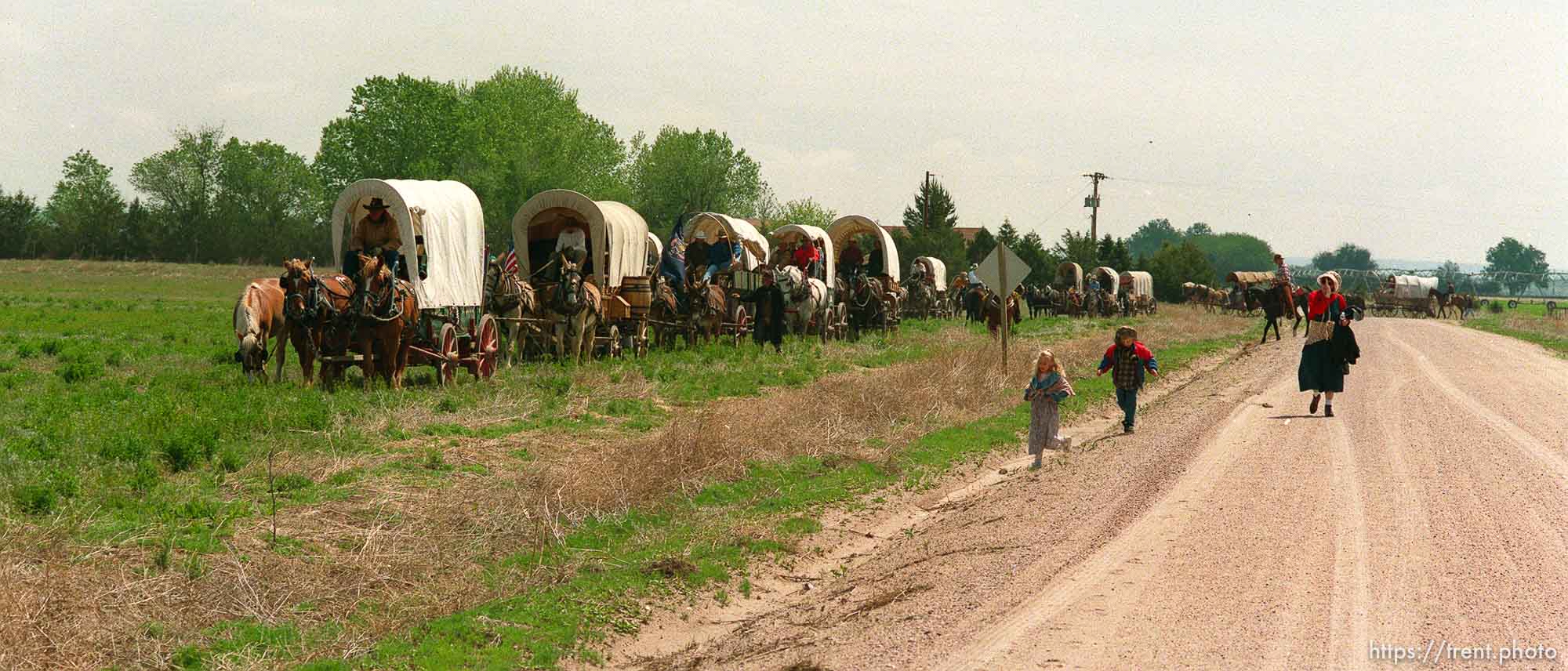 Wagons pull in for a lunch break on the Mormon Trail Wagon Train.