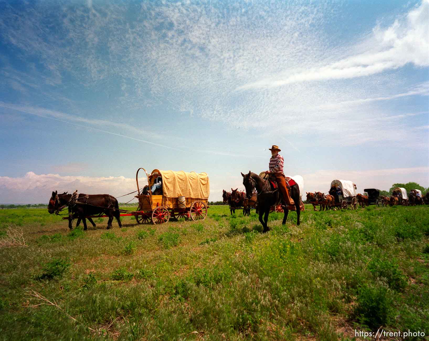 The Mormon Trail Wagon Train pulls in for a lunch break.