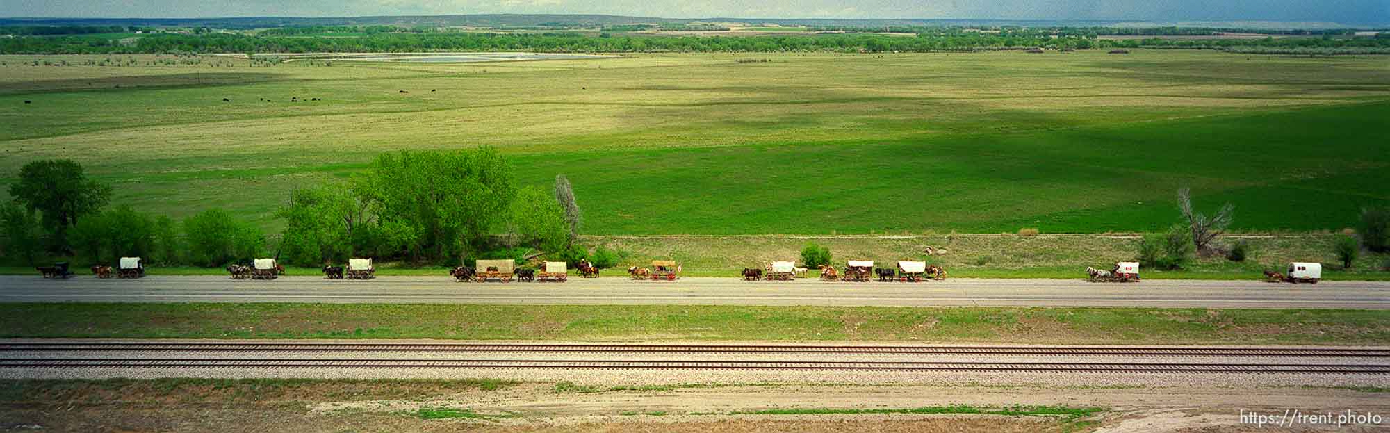 Mormon Trail Wagon Train seen from the top of a grain elevator at Jack's Bean Company.