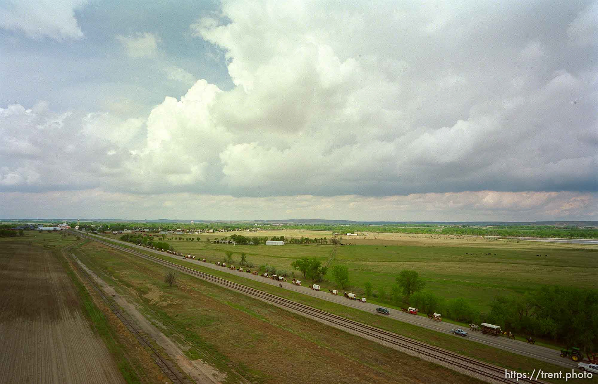 Mormon Trail Wagon Train seen from the top of a grain elevator at Jack's Bean Company.