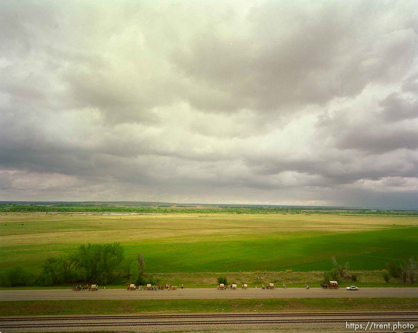 Mormon Trail Wagon Train seen from the top of a grain elevator at Jack's Bean Company.