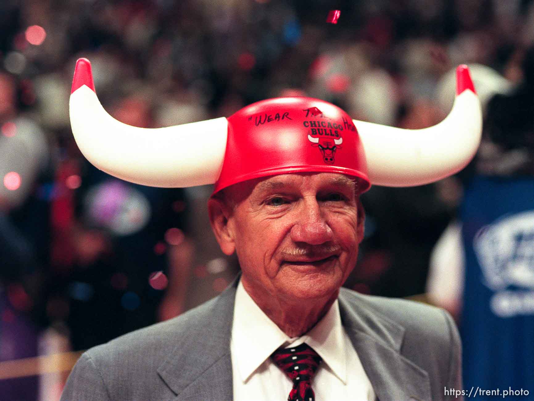 Chicago fan with goofy horn hat at game 6, NBA Finals, Utah Jazz vs Chicago Bulls. Bulls won this game to win their fifth NBA Championship in the Michael Jordan era.