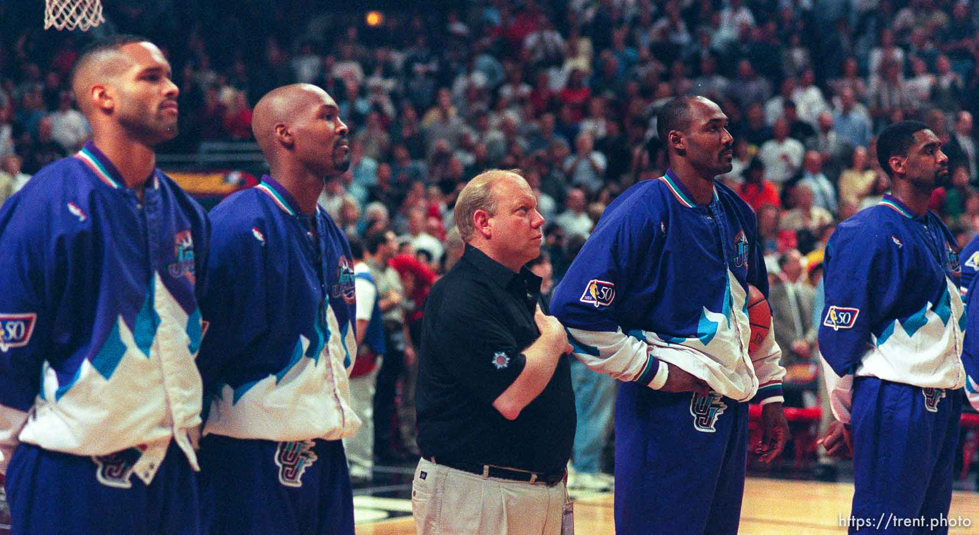 Utah Jazz owner Larry Miller stands among players during the national anthem at game 6, NBA Finals, Utah Jazz vs Chicago Bulls. Bulls won this game to win their fifth NBA Championship in the Michael Jordan era.