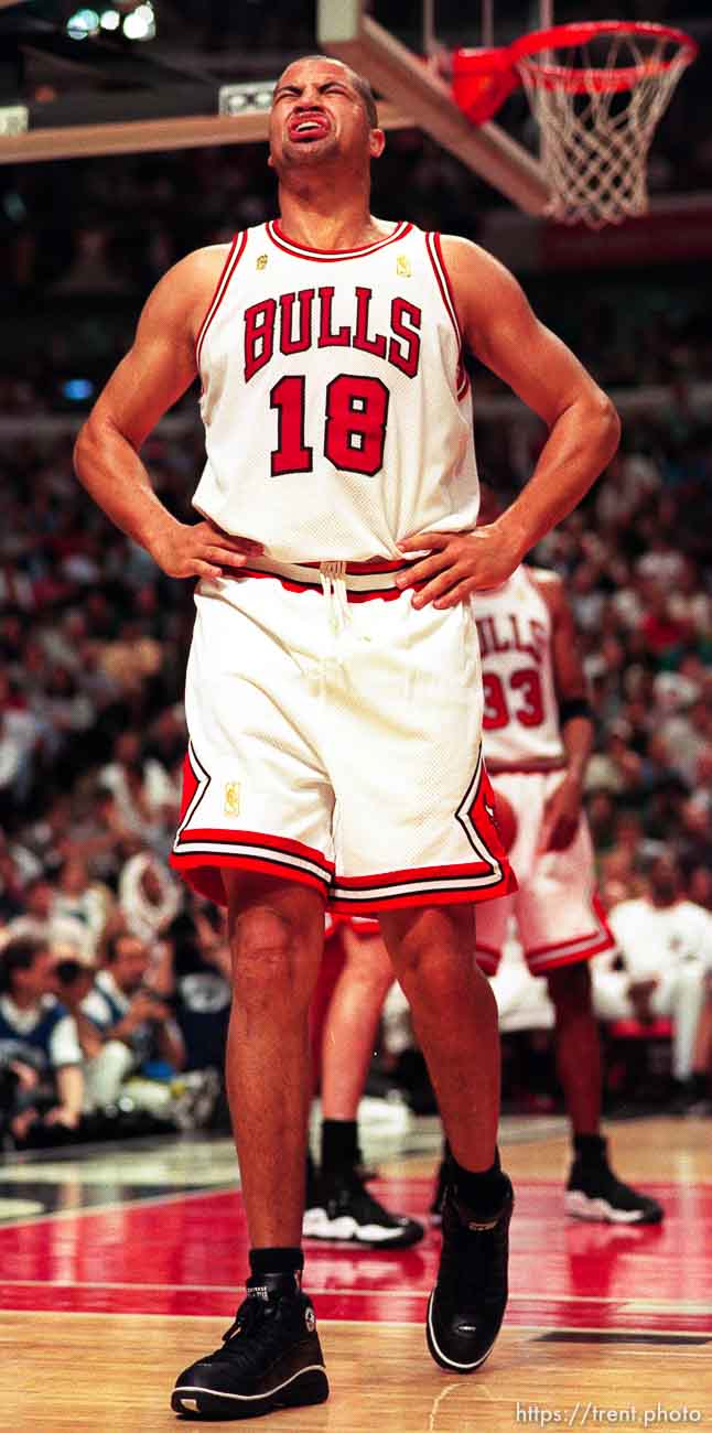 Chicago's Brian Williams grimaces after being called for a foul at game 6, NBA Finals, Utah Jazz vs Chicago Bulls. Bulls won this game to win their fifth NBA Championship in the Michael Jordan era.