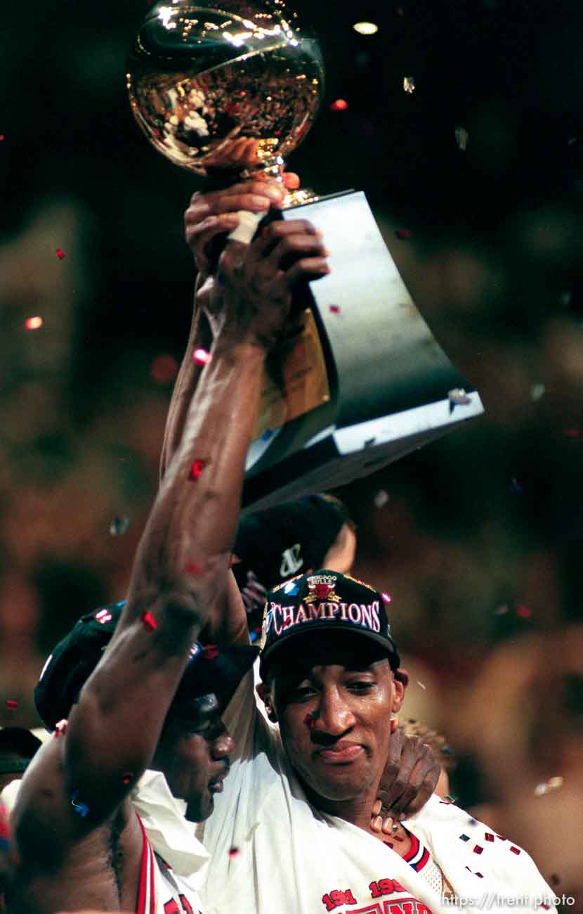 Michael Jordan and Scottie Pippen hold the NBA trophy after game 6, NBA Finals, Utah Jazz vs Chicago Bulls. Bulls won this game to win their fifth NBA Championship in the Michael Jordan era.