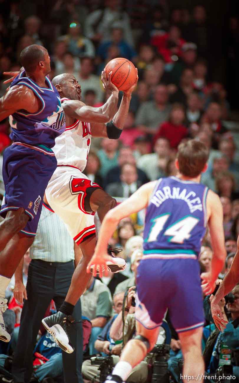 Chicago's Michael Jordan shoots at game 6, NBA Finals, Utah Jazz vs Chicago Bulls. Bulls won this game to win their fifth NBA Championship in the Michael Jordan era.