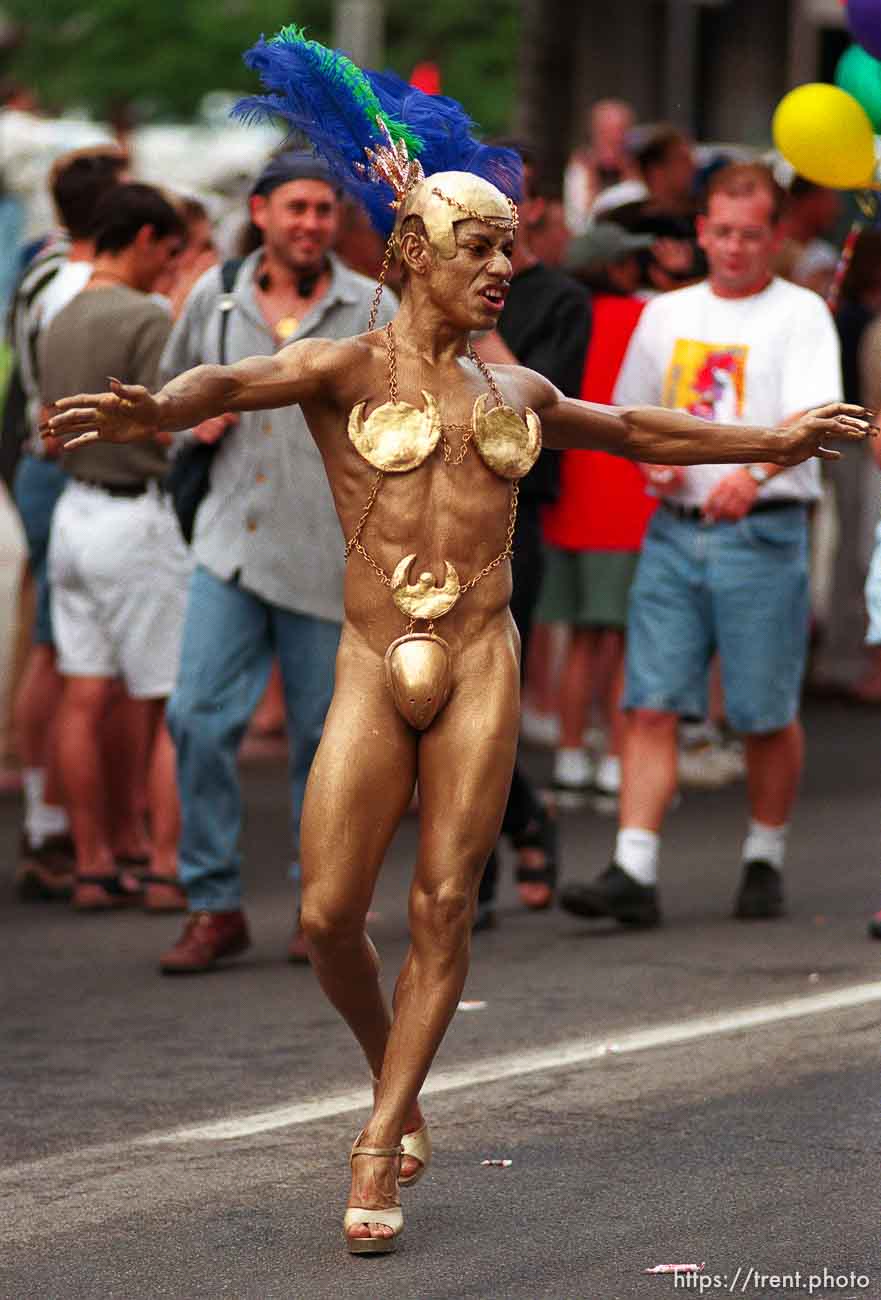 Golden man at the Gay Pride Parade.