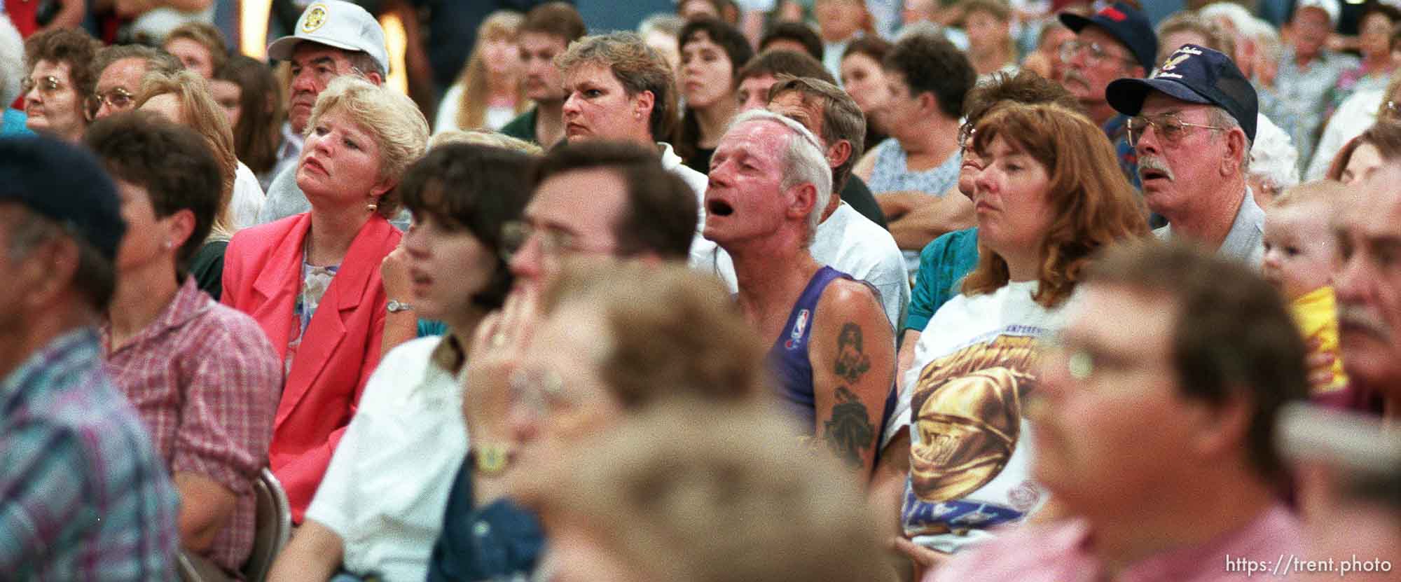 Trailer park residents at a meeting to complain about a new law that allows park owners to evict tenants with no reason.