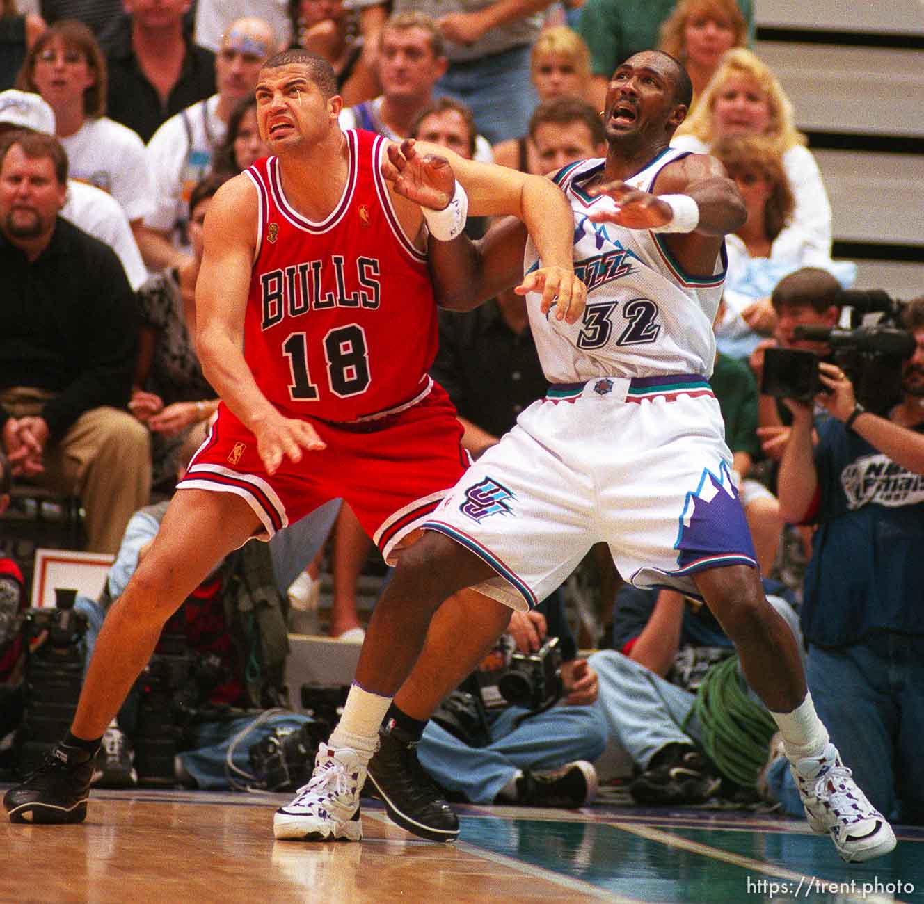 Chicago's Brian Williams and Utah's Karl Malone at the NBA Finals Game three, Utah Jazz vs Chicago Bulls.